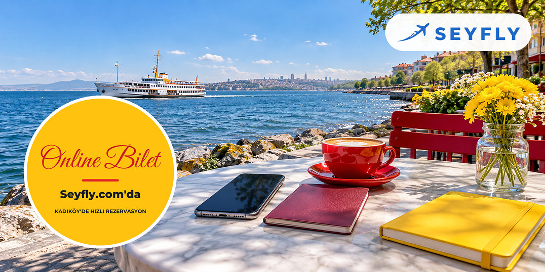 Moda sahilinde ekranı boş telefon, pasaport ve vapur manzarası