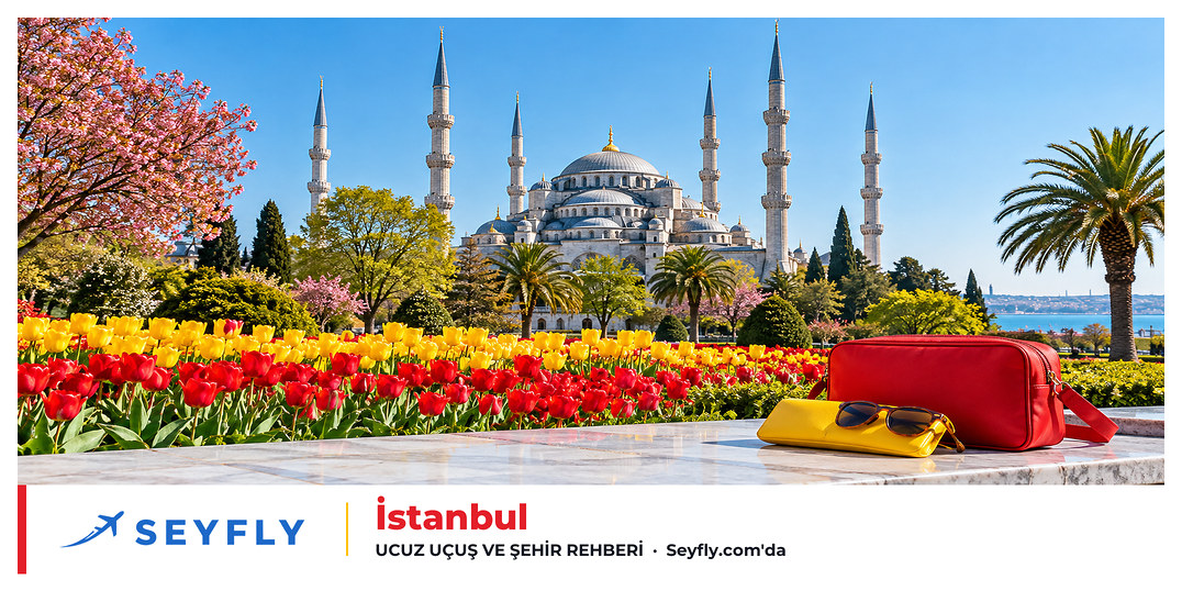 Lale bahçeleri ardında Sultanahmet Camii'nin kubbe ve minareleri