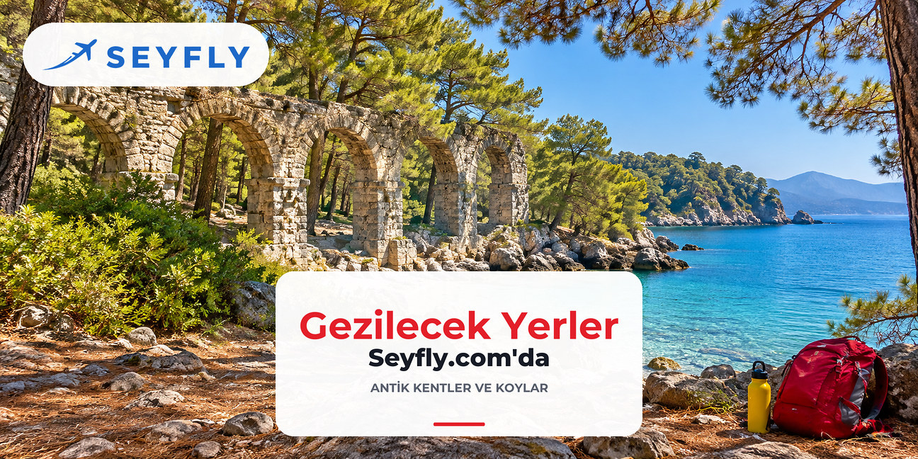 Phaselis'te çam ormanı içindeki antik su kemeri ve koy