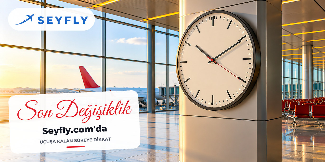 Terminalde rakamsız duvar saati ve arkada uçak kuyruğu