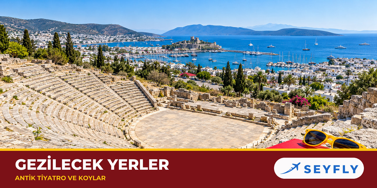 Bodrum Antik Tiyatrosu'nun taş basamakları ve körfez manzarası