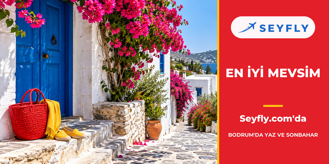 Begonvillerle süslü beyaz Bodrum sokağı ve mavi kapılar