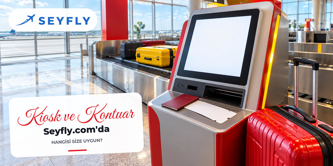 Self servis check-in kiosku ve bagaj bırakma bankosu yakın plan