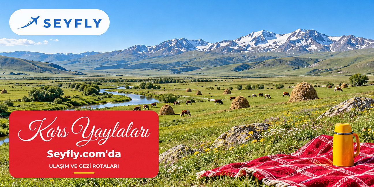 Saman yığınları ve otlayan sığırlarla yazın Kars yaylası