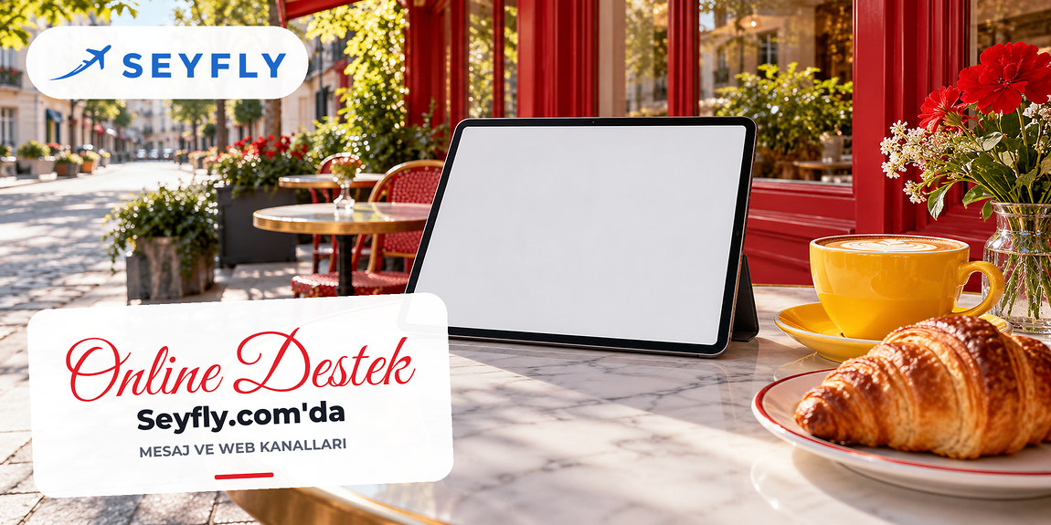 Kafe masasında ekranı boş tablet, sarı fincan ve kruvasan