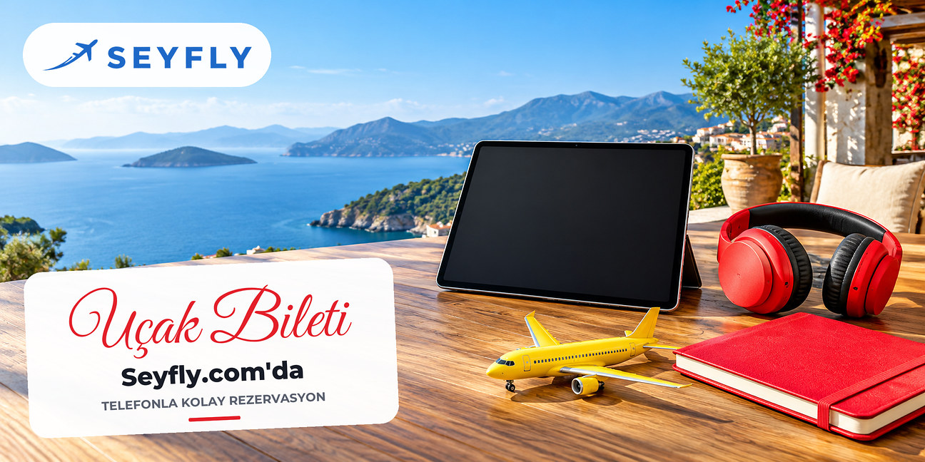Ahşap masada kulaklık, boş ekranlı tablet ve maket uçak