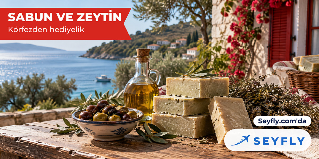 Ahşap tezgâhta zeytinyağlı sabun kalıpları, zeytin kâsesi ve kurutulmuş kekik