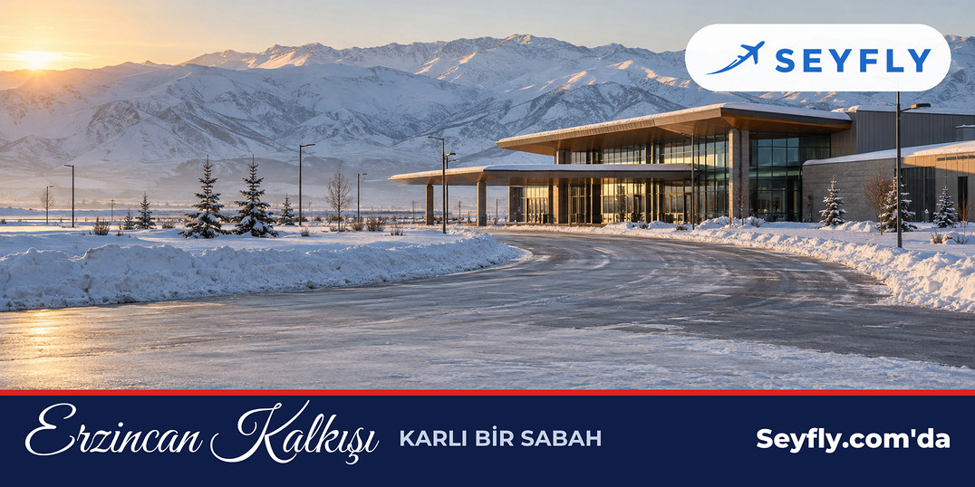 Karlı ovadaki Erzincan havalimanının terminal binası ve dağlar