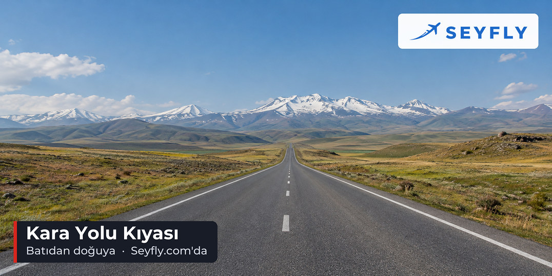 Doğu Anadolu yaylasında karlı dağlara doğru uzanan boş iki şeritli kara yolu