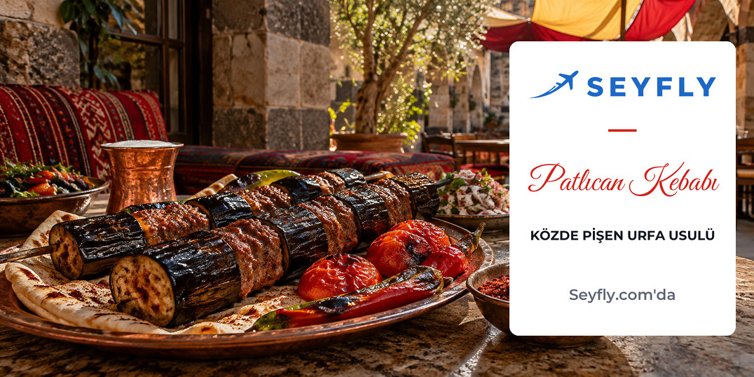 Közlenmiş patlıcan kebabı, lavaş, isot ve közlenmiş biber