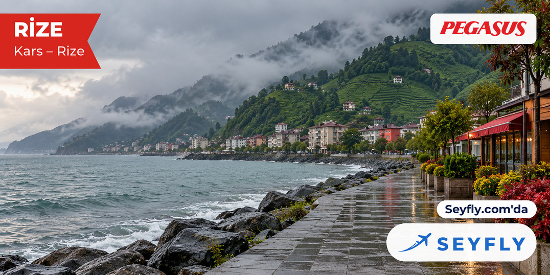 Yağmurlu bir günde Rize sahili ve arkada çay kaplı yamaçlar
