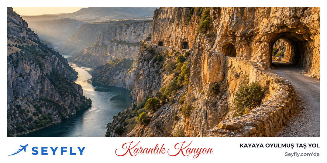 Karanlık Kanyon'da kayaya oyulmuş tünelli yol ve dipte akan Fırat