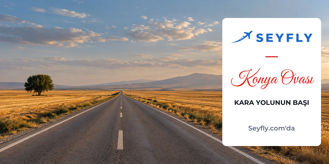Konya ovasında ufka kadar uzanan düz yol ve hasat edilmiş tarlalar