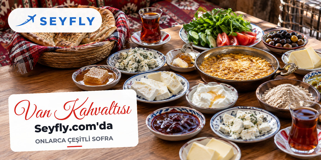 Otlu peynir, murtuğa ve kavutla kurulmuş geniş Van kahvaltısı sofrası