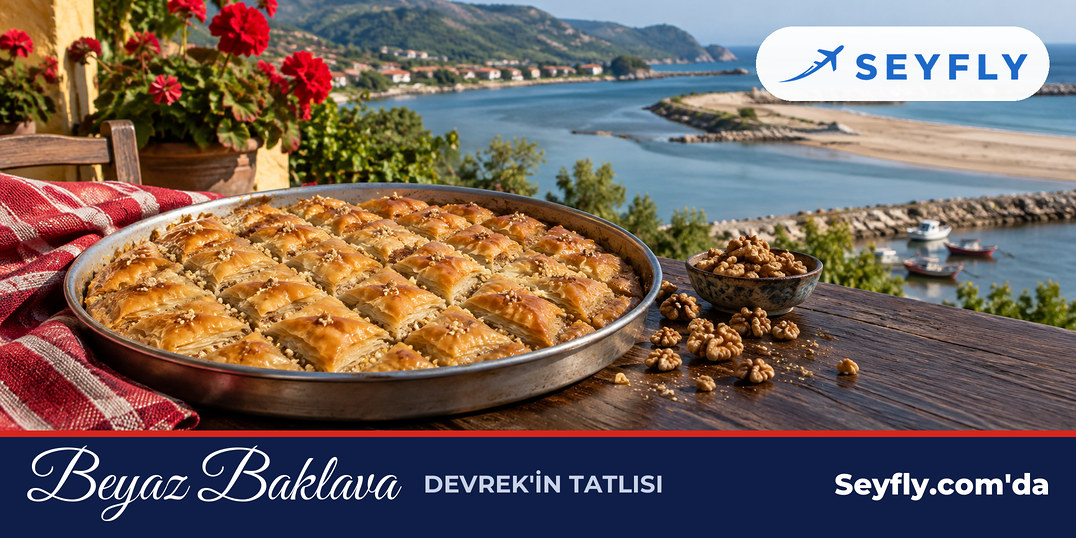 Tepside dilimlenmiş, üstü açık renkli kalmış Devrek beyaz baklavası