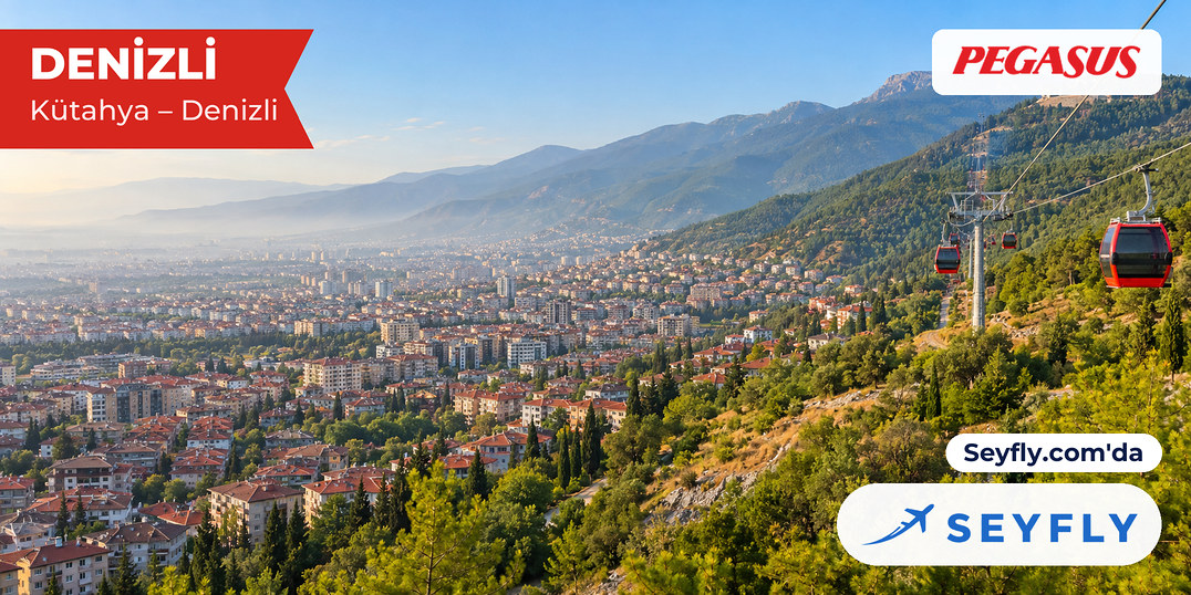 Denizli kent merkezinin üzerinden yükselen teleferik hattı ve yeşil yamaçlar
