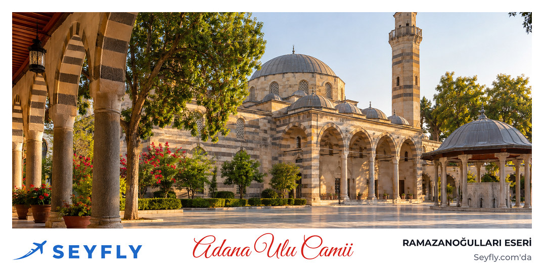 Adana Ulu Camii'nin kesme taş duvarları, minaresi ve sessiz avlusu