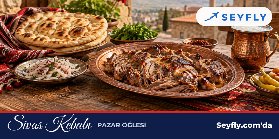 Bakır tepside fırında kendi suyunda pişmiş Sivas kebabı ve pide