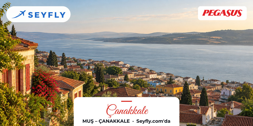 Boğaz kıyısına inen Çanakkale çatıları ve karşı kıyının tepeleri