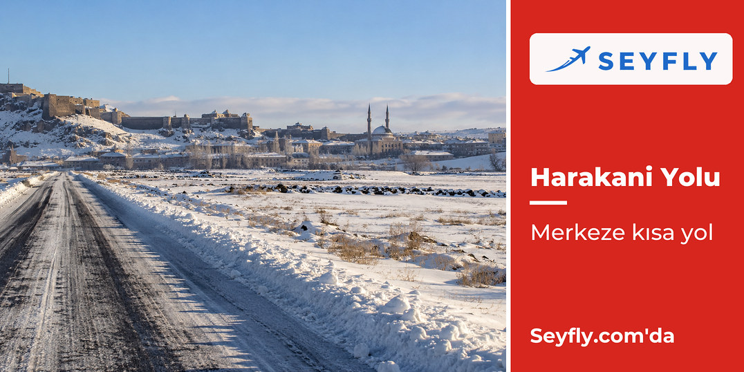 Kars yaylasında karla kaplı düzlükten şehre uzanan yol