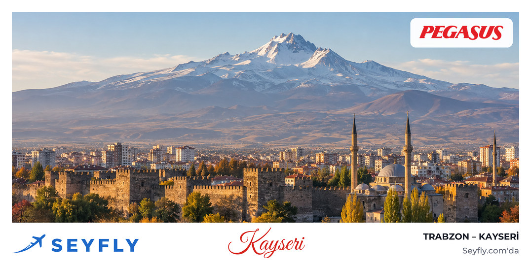 Kayseri şehrinin ardında yükselen karlı Erciyes Dağı